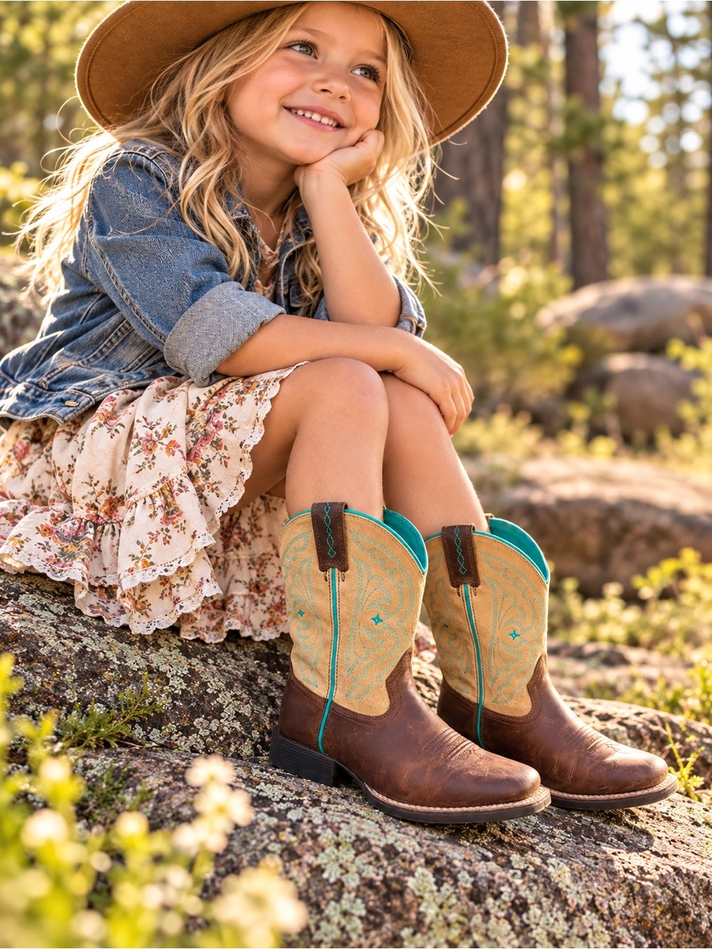 Ariat Girls’ Western Cowboy Boots | Size 2 | 
Leather, Gold & Turquoise